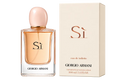 Giorgio Armani Si Eau de Toilette perfume bottle next to its cream-colored packaging box, featuring a pale pink cap and rose gold 'Si' logo.