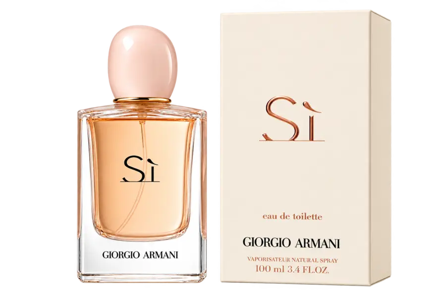 Giorgio Armani Si Eau de Toilette perfume bottle next to its cream-colored packaging box, featuring a pale pink cap and rose gold 'Si' logo.